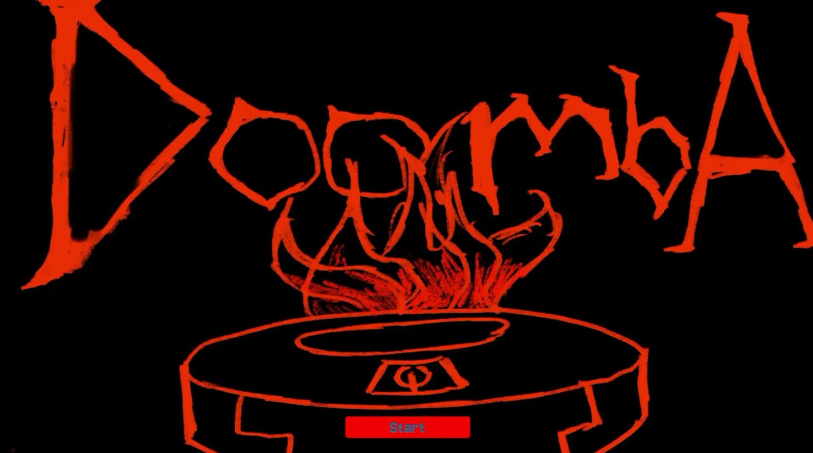 Doomba title screen — a flaming Roomba in sketched red on black