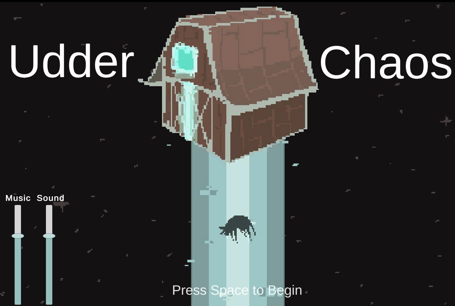 Udder Chaos title screen — a barn abducted by an alien tractor beam